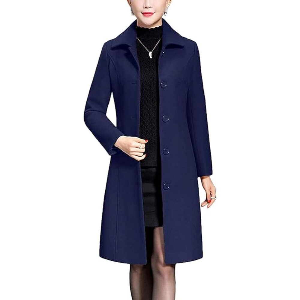 Women's Navy Wool Trench Coat Winter Long Thick Overcoat Walker Coats
